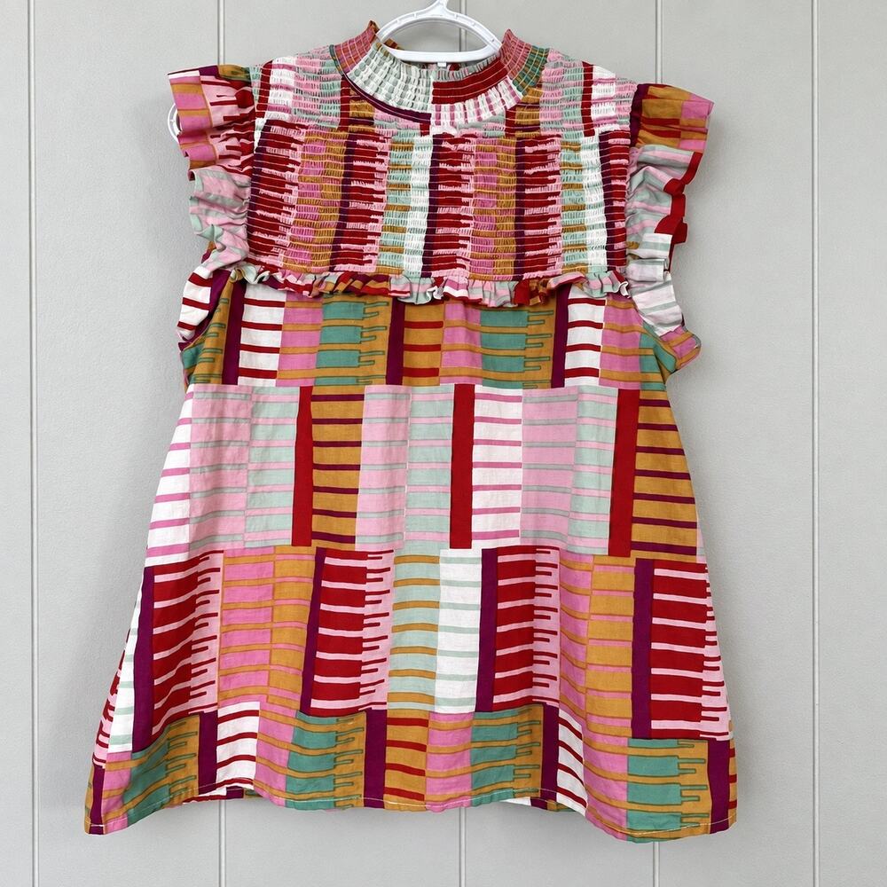 Colorful Geometric Smocked Babydoll Top Women M Ruffle Sleeve THML